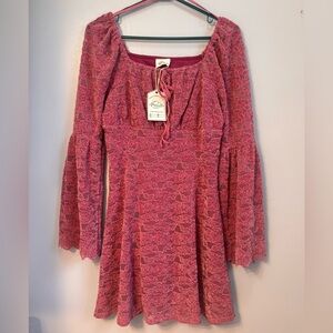 New Me Rust Rose Lace Bell Sleeve Dress Sz S. NWT